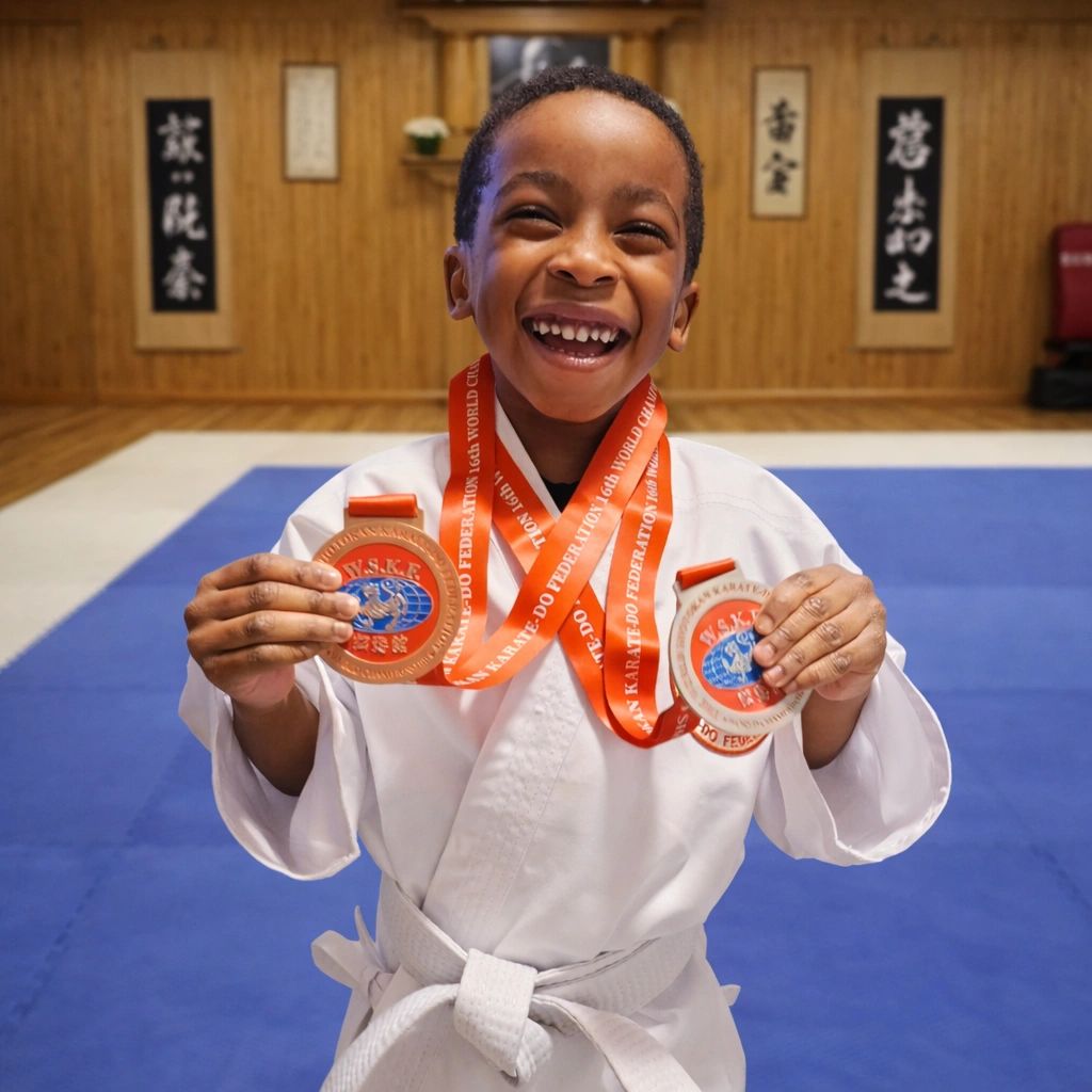Child proudly wearing karate medals